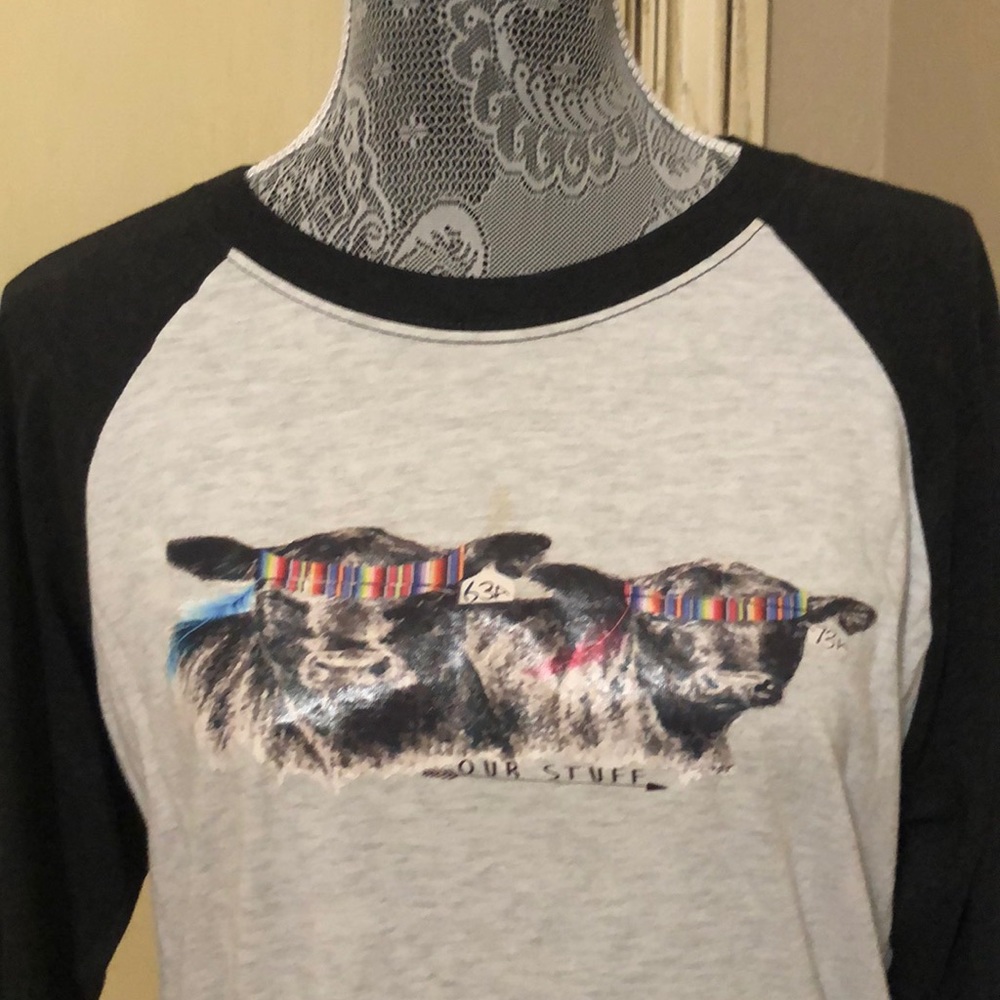 Baseball tee with cows on front